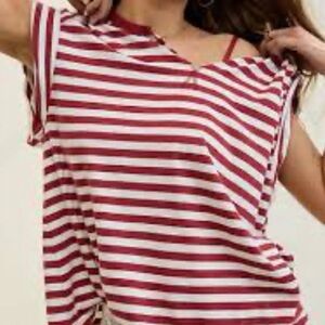 Aerie Relaxed Shirt Red White Striped Short Sleeve Tee Oversized Large Beach T